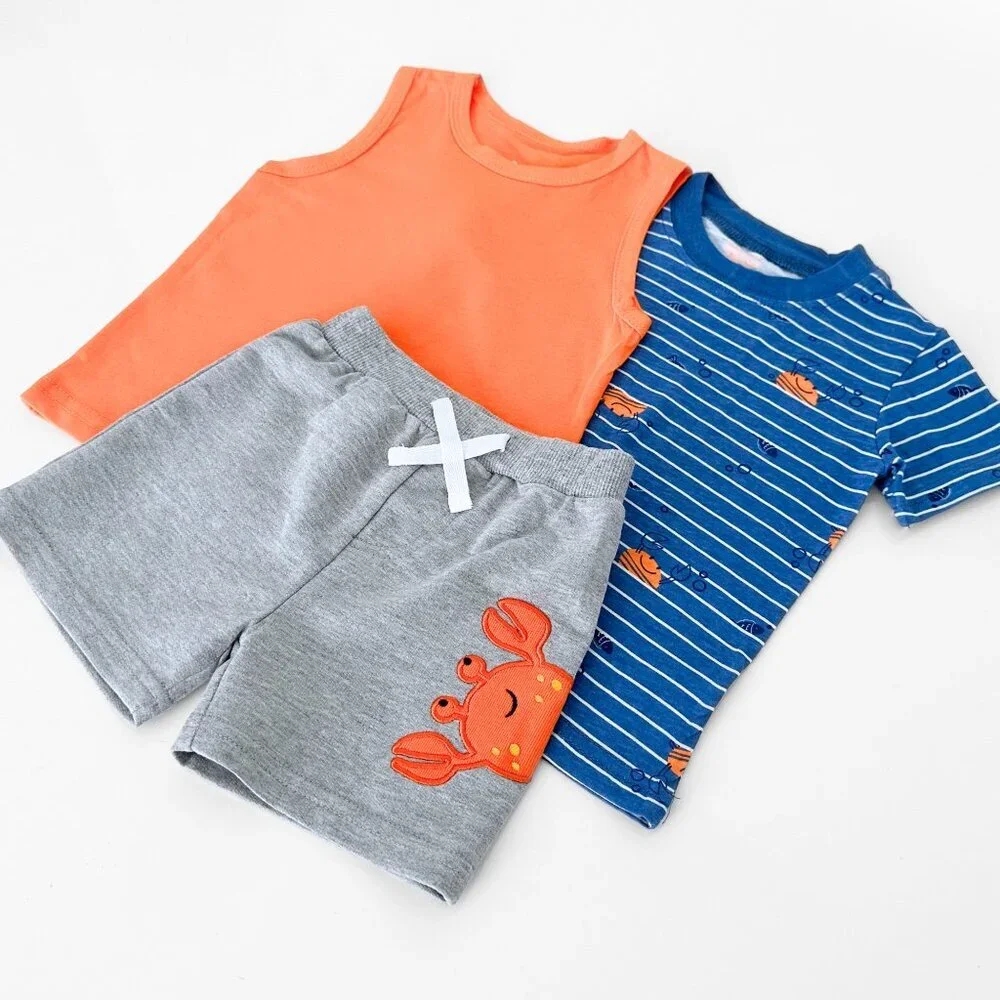 NWT Cute Boys 3 Piece Matching Set T-shirts & Shorts Crab Blue & Orange 24M